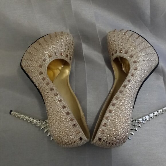 Champagne Rose Rhinestone Gold Spiked Heel 5 1/2in Platform Stiletto - Picture 7 of 12